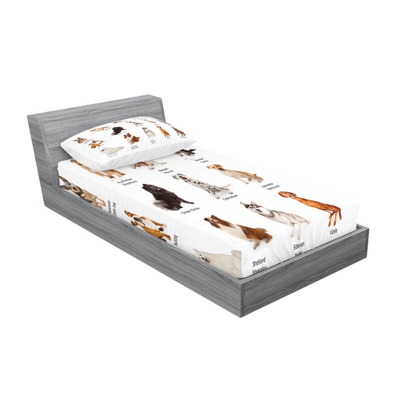 Ambesonne Dog Fitted Sheet & Pillow Sham Set  Group Different Puppy Breeds Family Type Species Dalmatian Husky Bulldog  Decorative Printed 2 Piece Bedding Decor Set  Twin  White Brown and Grey - Image 2