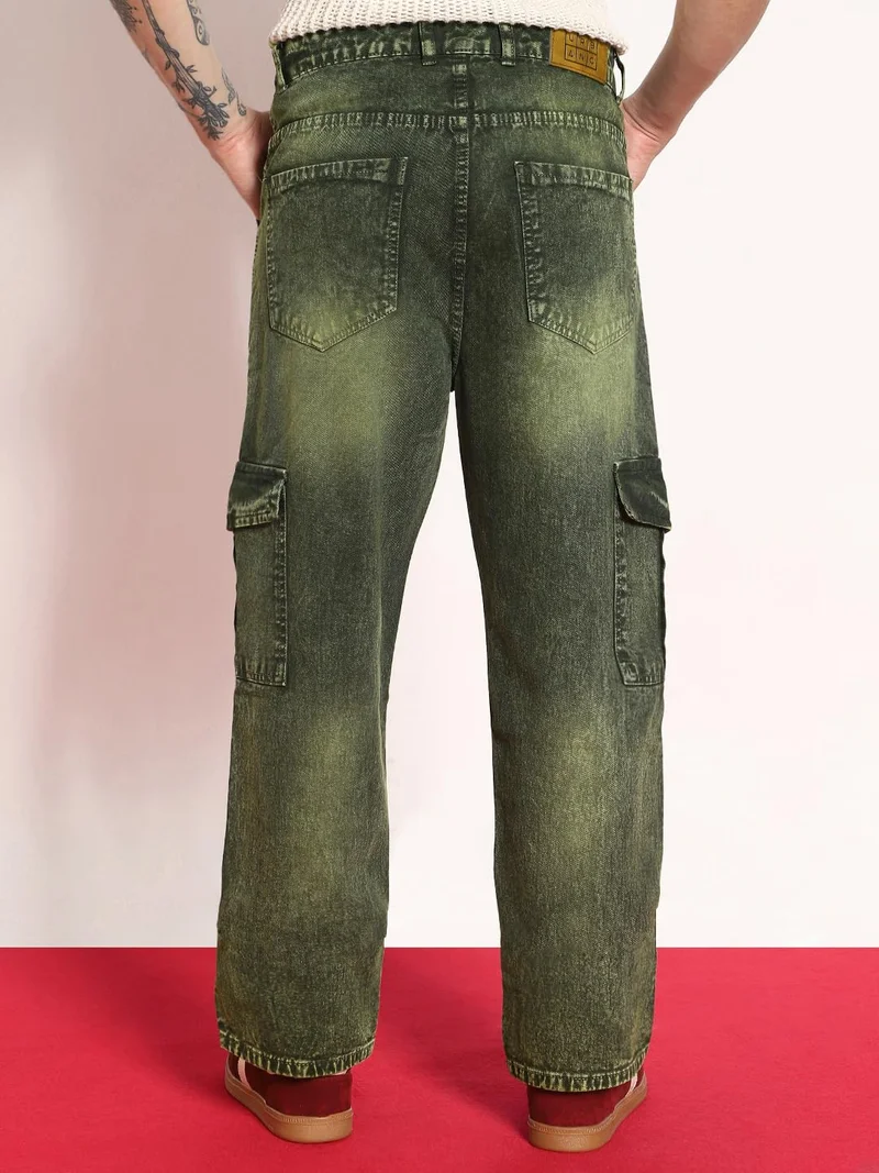Urbano Fashion  Urbano Fashion Men's Olive Green Loose Baggy Fit Washed Cargo Jeans with 6 Pockets Non-Stretchable  | Best Price UAE