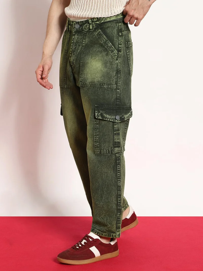 Urbano Fashion  Urbano Fashion Men's Olive Green Loose Baggy Fit Washed Cargo Jeans with 6 Pockets Non-Stretchable  | Best Price UAE
