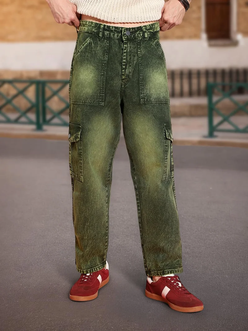 Urbano Fashion Men's Olive Green Loose Baggy Fit Washed Cargo Jeans with 6 Pockets Non-Stretchable