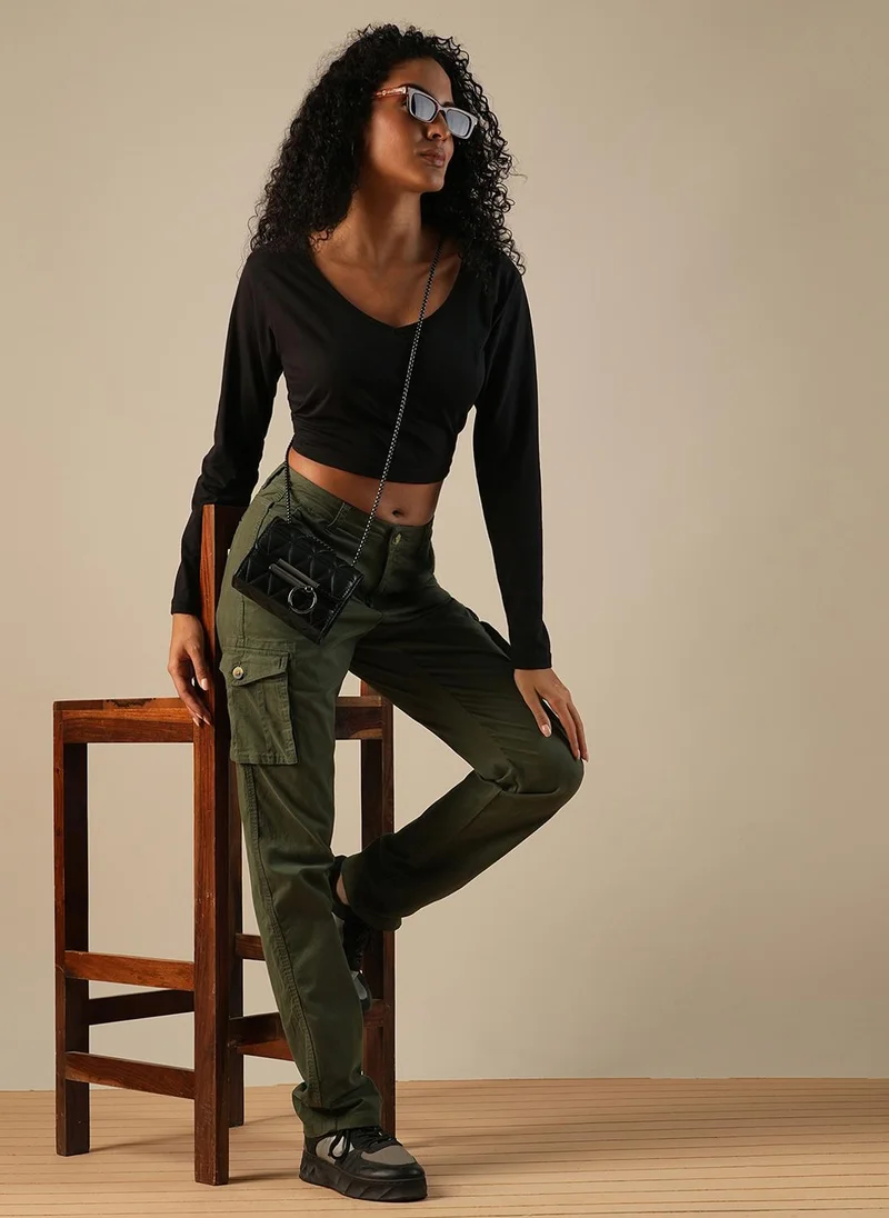 جلو باص بنطلون كارغو نسائي قطن مطاطي بخصر متوسط من جلوبس