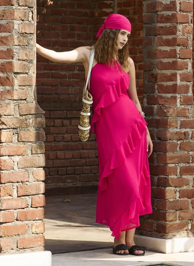 SASSAFRAS Fuchsia Halter Neck Ruffles Midi Dress for Women