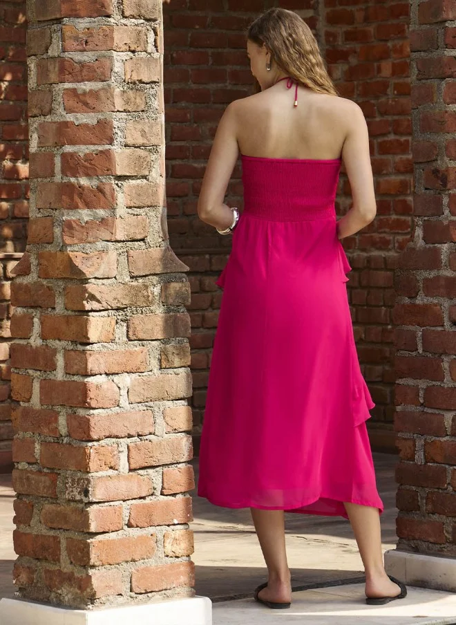 SASSAFRAS Fuchsia Halter Neck Ruffles Midi Dress for Women