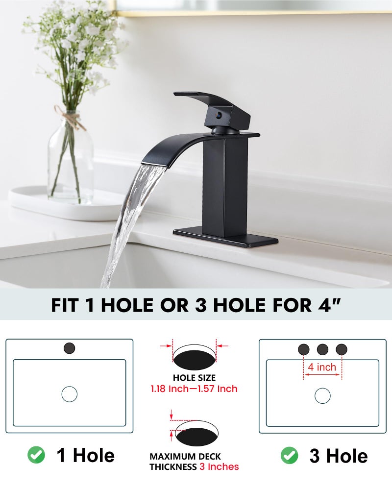 Midanya Matte Black Bathroom Sink Faucet Waterfall Spout Single Handle 1 Hole Deck Mount Mixer Tap Lavatory Vanity Sink Faucet Commercial With Deck Plate And Pop Up Drain - Image 4
