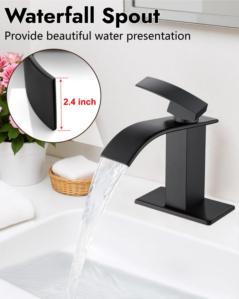 Midanya Matte Black Bathroom Sink Faucet Waterfall Spout Single Handle 1 Hole Deck Mount Mixer Tap Lavatory Vanity Sink Faucet Commercial With Deck Plate And Pop Up Drain - Image 2