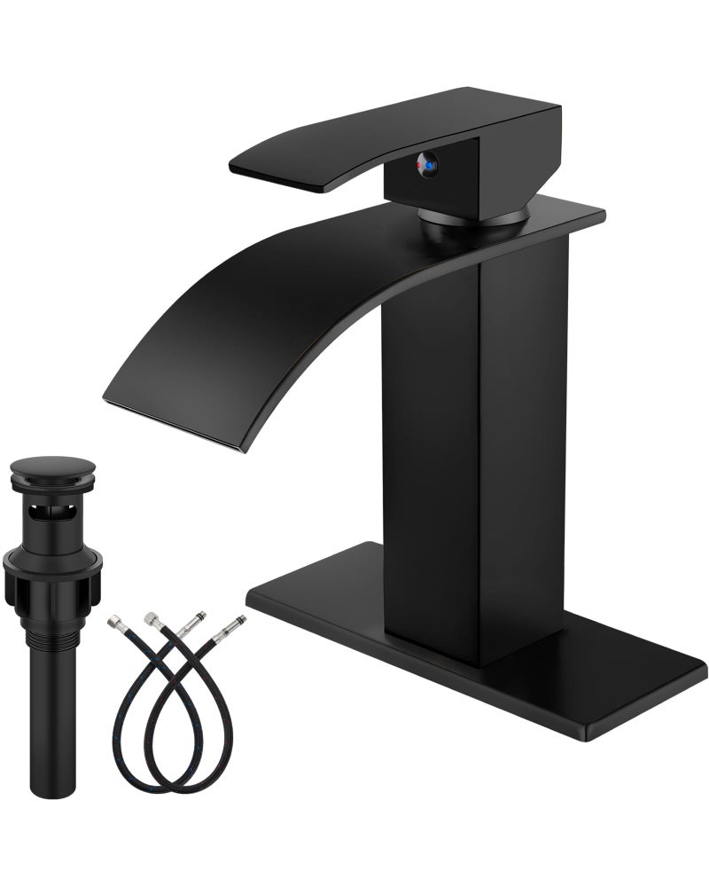 Midanya Matte Black Bathroom Sink Faucet Waterfall Spout Single Handle 1 Hole Deck Mount Mixer Tap Lavatory Vanity Sink Faucet Commercial With Deck Plate And Pop Up Drain - Image 1