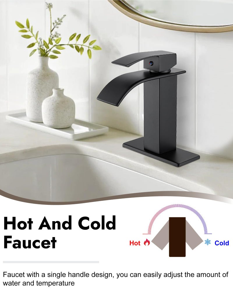 Midanya Matte Black Bathroom Sink Faucet Waterfall Spout Single Handle 1 Hole Deck Mount Mixer Tap Lavatory Vanity Sink Faucet Commercial With Deck Plate And Pop Up Drain - Image 3