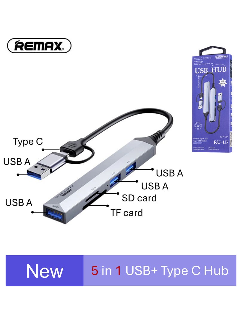 REMAX سلسلة سبائك الألومنيوم RU-U7 5 في 1 مع موزع USB من النوع C وموزع USB محمول ومحطة إرساء وموزع موسع لأجهزة MacBook وiPad Pro وأجهزة الكمبيوتر المحمولة Dell HP والهواتف، تدعم التوصيل الأمامي/العكسي  - Image 1