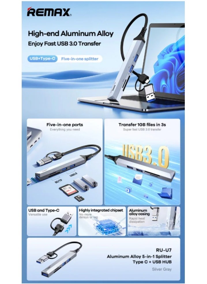 REMAX سلسلة سبائك الألومنيوم RU-U7 5 في 1 مع موزع USB من النوع C وموزع USB محمول ومحطة إرساء وموزع موسع لأجهزة MacBook وiPad Pro وأجهزة الكمبيوتر المحمولة Dell HP والهواتف، تدعم التوصيل الأمامي/العكسي  - Image 2