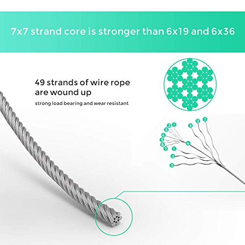 REKOBON Wire Rope, 1/16 Wire Rope, Stainless Steel 304 Wire Cable, 328FT Length Aircraft Cable with 100pcs Sleeves Stops, 7x7 Strand Core, 368 lbs Breaking Strength Perfect for Outdoor,Yard,Garden or Crafts - Image 2