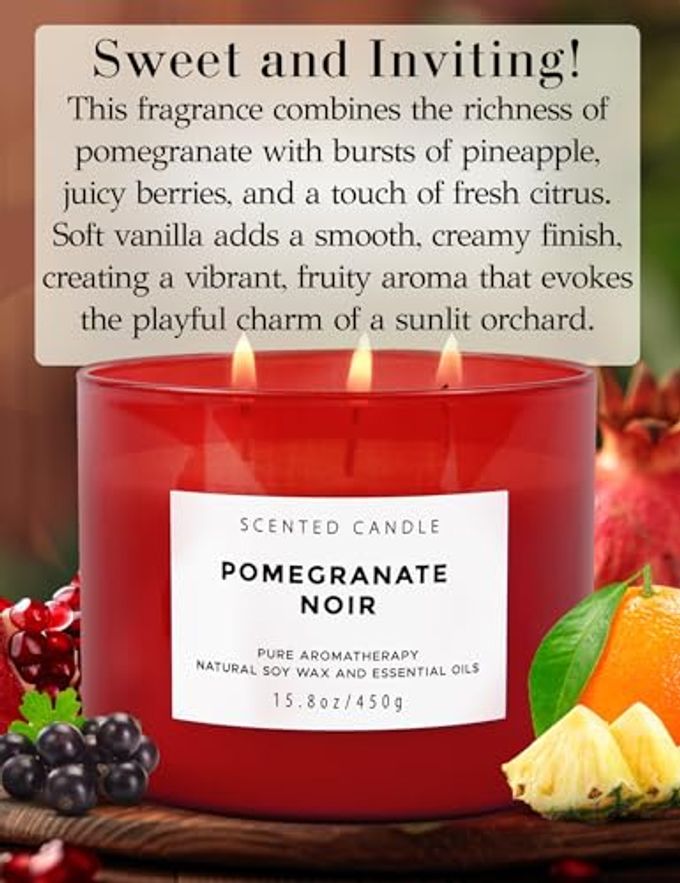 T H Pomegranate Noir Vanilla 3 Wick Candle | Highly Scented Natural Soy Candle 15.8 oz | Aromatherapy Stress Relief Candle Long Lasting & Clean Burn | Luxury Relaxing Gift for Home, Women & Men - Image 2