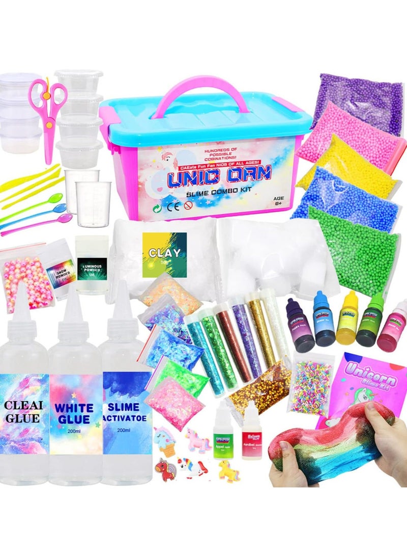 FLYHSO Slime Making Kit for Girls Boys - Diy Slime Toys Gifts for Kids Fluffy Cloud Foam Squish Glitter Slime Making Kits with with Unicorn Charms Slime Kits for Girls and Boys 6 year+ - Image 1