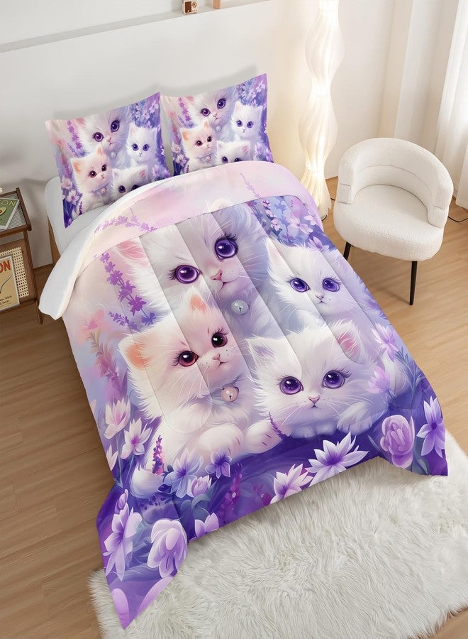 UEVBF Cat Comforter Set Toddler Bedding Set Twin Size,Floral Bedding Animal Themed Comforter Sets for Kids Girls Bedroom Decor Aesthetic,Cute Kids Bedding Comforter Sets with 2 Pillowcases. - Image 2