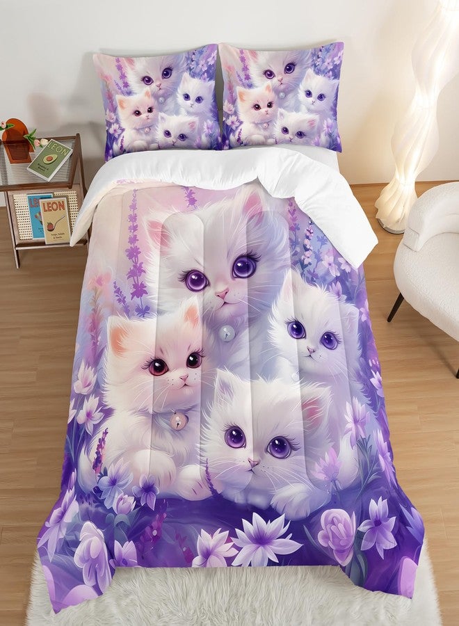UEVBF Cat Comforter Set Toddler Bedding Set Twin Size,Floral Bedding Animal Themed Comforter Sets for Kids Girls Bedroom Decor Aesthetic,Cute Kids Bedding Comforter Sets with 2 Pillowcases. - Image 3