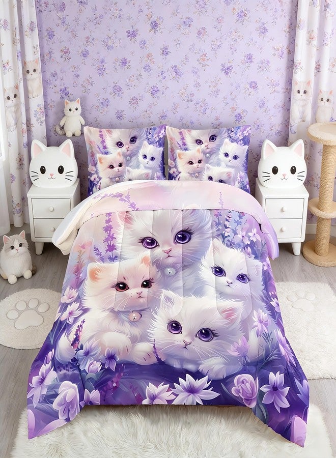 UEVBF Cat Comforter Set Toddler Bedding Set Twin Size,Floral Bedding Animal Themed Comforter Sets for Kids Girls Bedroom Decor Aesthetic,Cute Kids Bedding Comforter Sets with 2 Pillowcases. - Image 1
