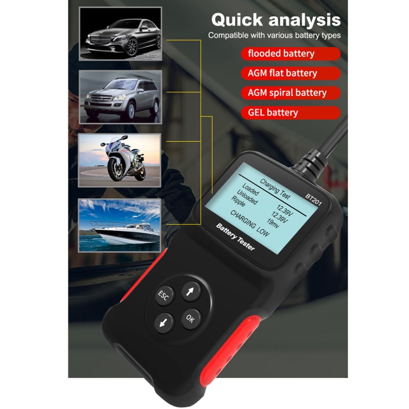 Car Battery Tester 12 V Black - Wide Testing Range CCA 100-2000 (3-220Ah) Battery Analyzer for Car Owners And Car Maintenance Technicians - Image 4