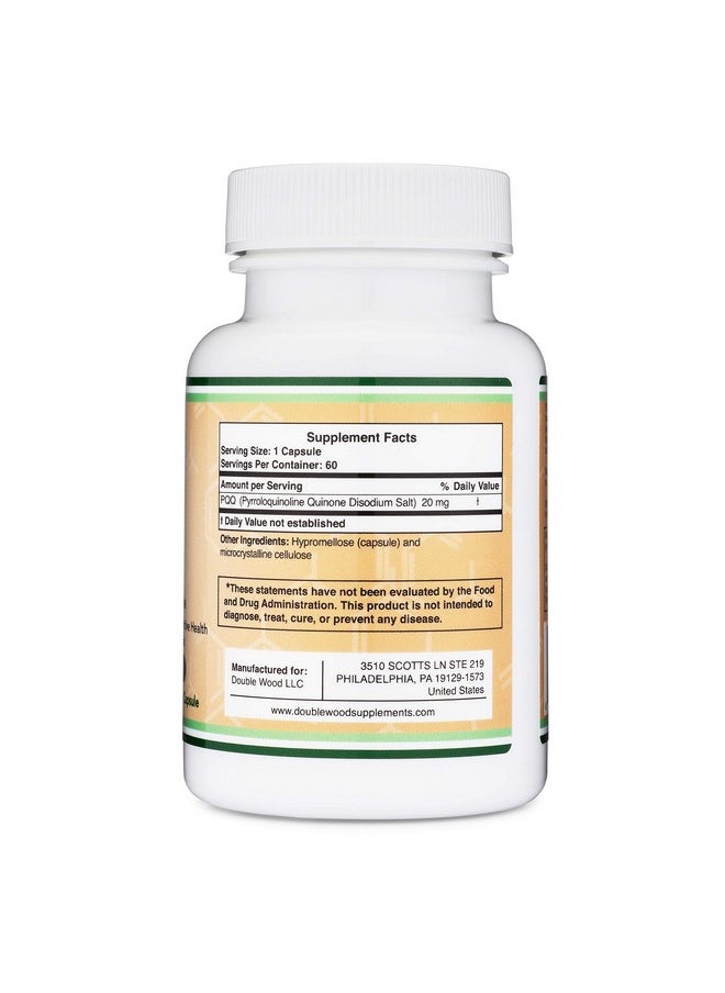 Double Wood Supplements - Pqq Supplement 20Mg 60 Capsules (Pyrroloquinoline Quinone) Promotes Mitochondria Atp Coenzyme Levels Energy Optimizer And Sleep Support (Manufactured In The Usa Vegan Safe) By Double Wood - Image 1