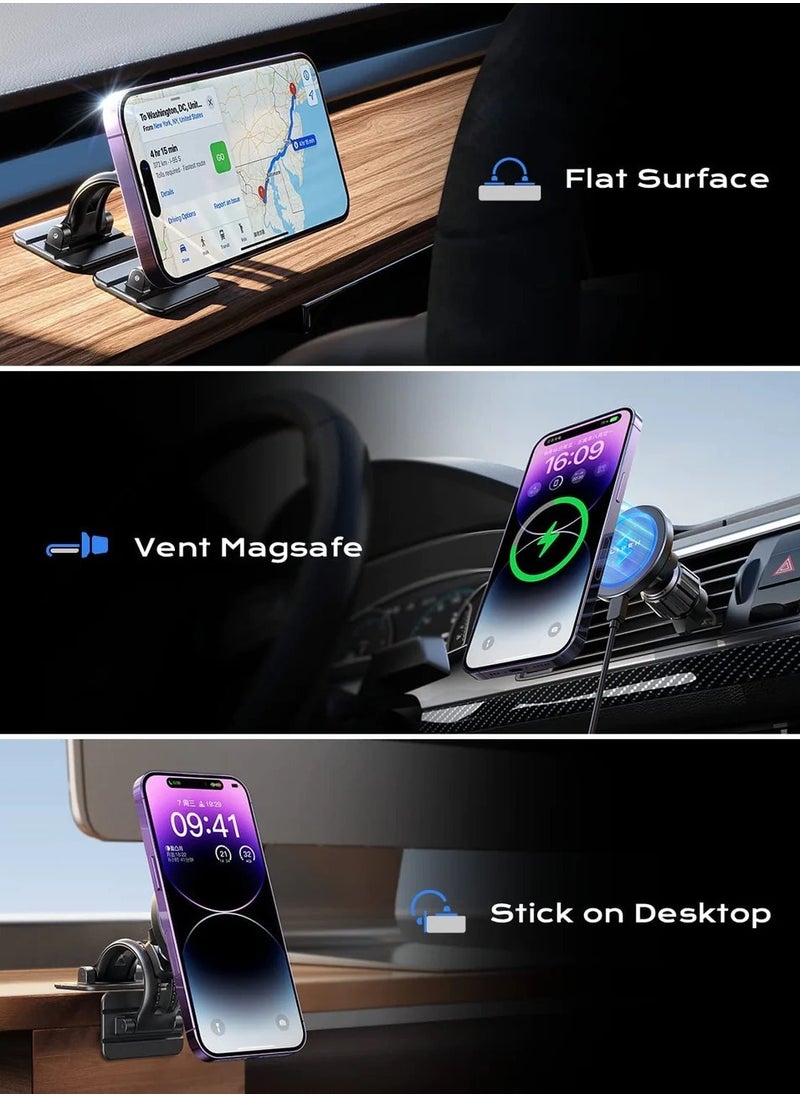 LISEN MagSafe Car Wireless Charging Mount for iPhone - Air Vent and Dashboard Holder in One Pack