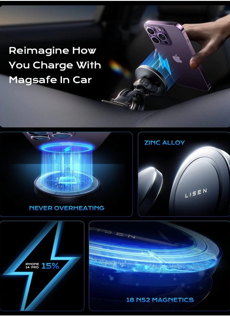LISEN MagSafe Car Wireless Charging Mount for iPhone - Air Vent and Dashboard Holder in One Pack