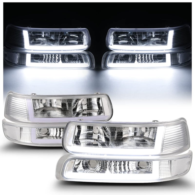 مجموعة MAUTO من 4 وحدات مصابيح أمامية مع شريط LED DRL متوافقة مع 99 00 01 02 شيفروليه سيلفرادو 1500HD 2500HD 3500HD 0006 سوبربان 1500 2500 تاهو