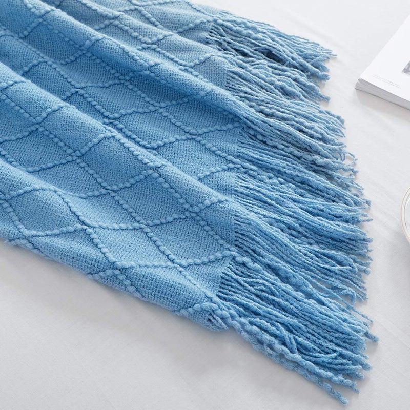 BOURINA Throw Blanket Textured Solid Soft Sofa Throw Couch Cover Knitted Decorative Blanket 50 x90 Inches Blue - Image 4