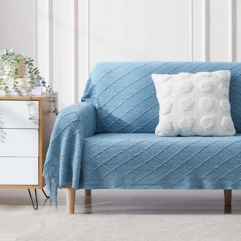 BOURINA Throw Blanket Textured Solid Soft Sofa Throw Couch Cover Knitted Decorative Blanket 50 x90 Inches Blue - Image 2