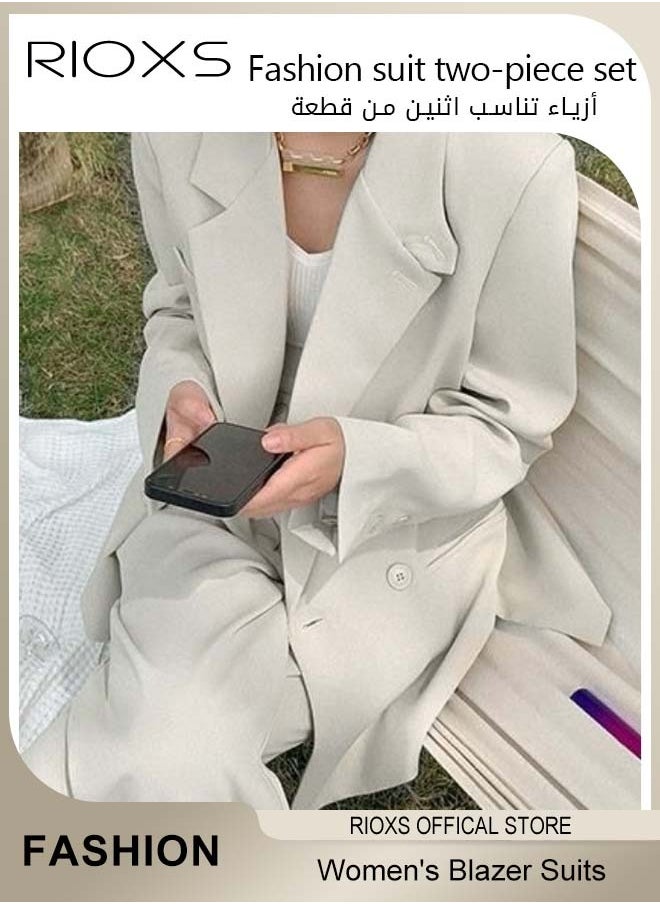 RIOXS - Women's 2 Pieces Loose Blazer Suits,Double-Breasted Suit+Wide Leg Pants,Casual Formal Suit,Long Sleeve Blazer Jacket,Fashion Trousers With Pockets,Ladies Stylish Outfits For Work Office Or Daily Wear - Image 1
