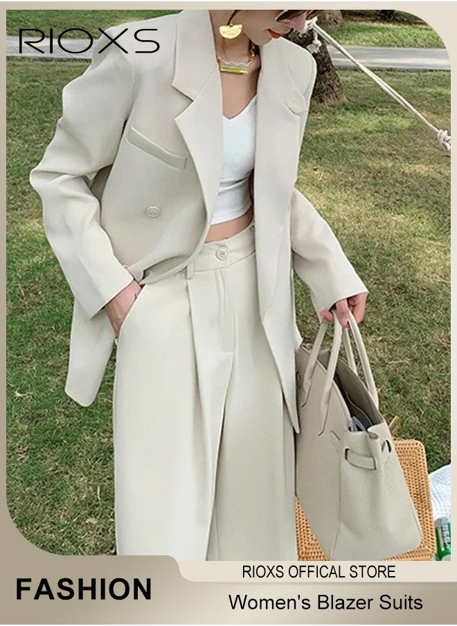 RIOXS - Women's 2 Pieces Loose Blazer Suits,Double-Breasted Suit+Wide Leg Pants,Casual Formal Suit,Long Sleeve Blazer Jacket,Fashion Trousers With Pockets,Ladies Stylish Outfits For Work Office Or Daily Wear - Image 1