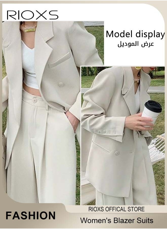 RIOXS - Women's 2 Pieces Loose Blazer Suits,Double-Breasted Suit+Wide Leg Pants,Casual Formal Suit,Long Sleeve Blazer Jacket,Fashion Trousers With Pockets,Ladies Stylish Outfits For Work Office Or Daily Wear - Image 1