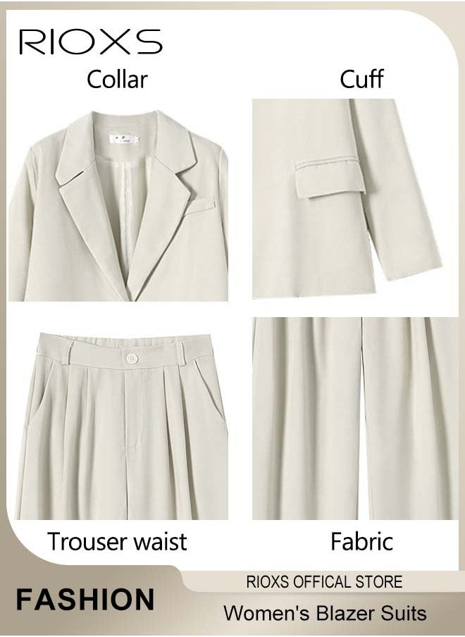 RIOXS - Women's 2 Pieces Loose Blazer Suits,Double-Breasted Suit+Wide Leg Pants,Casual Formal Suit,Long Sleeve Blazer Jacket,Fashion Trousers With Pockets,Ladies Stylish Outfits For Work Office Or Daily Wear - Image 1