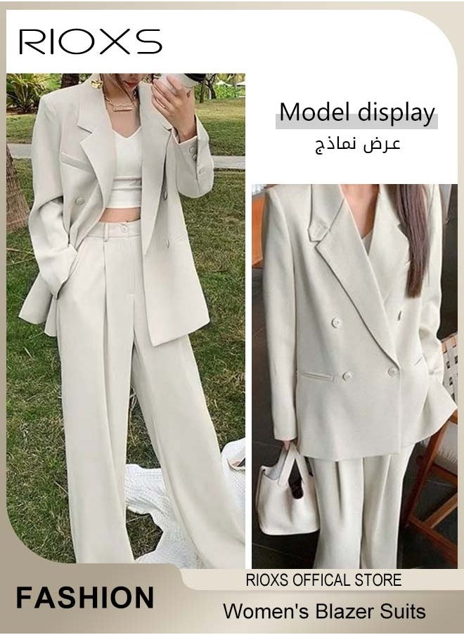 RIOXS - Women's 2 Pieces Loose Blazer Suits,Double-Breasted Suit+Wide Leg Pants,Casual Formal Suit,Long Sleeve Blazer Jacket,Fashion Trousers With Pockets,Ladies Stylish Outfits For Work Office Or Daily Wear - Image 1