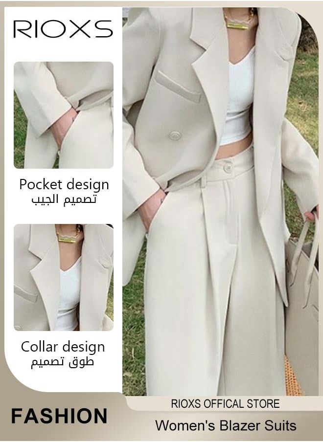 RIOXS - Women's 2 Pieces Loose Blazer Suits,Double-Breasted Suit+Wide Leg Pants,Casual Formal Suit,Long Sleeve Blazer Jacket,Fashion Trousers With Pockets,Ladies Stylish Outfits For Work Office Or Daily Wear - Image 1