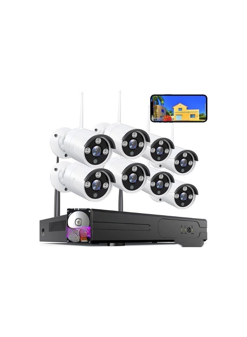 نظام أمان لاسلكي بدقة 1080 بكسل – 8 قنوات مع 8 وحدات فل اتش دي 2 ميجابكسل، هارد 3 تيرا، رؤية ليلية وكشف حركة