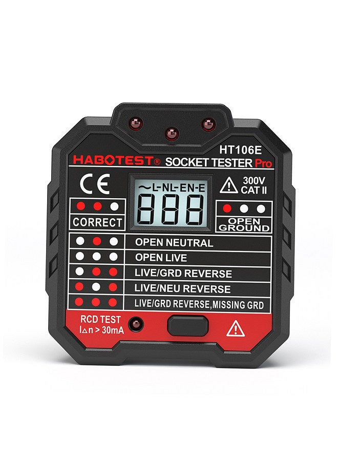 HABOTEST Advanced RCD Electric Socket Tester Automatic Neutral Live Earth Wire Testing Circuit Polarity Detector Wall Plug Breaker Finder Electric Leakage Test with Voltage Backlight LCD Display - Image 1