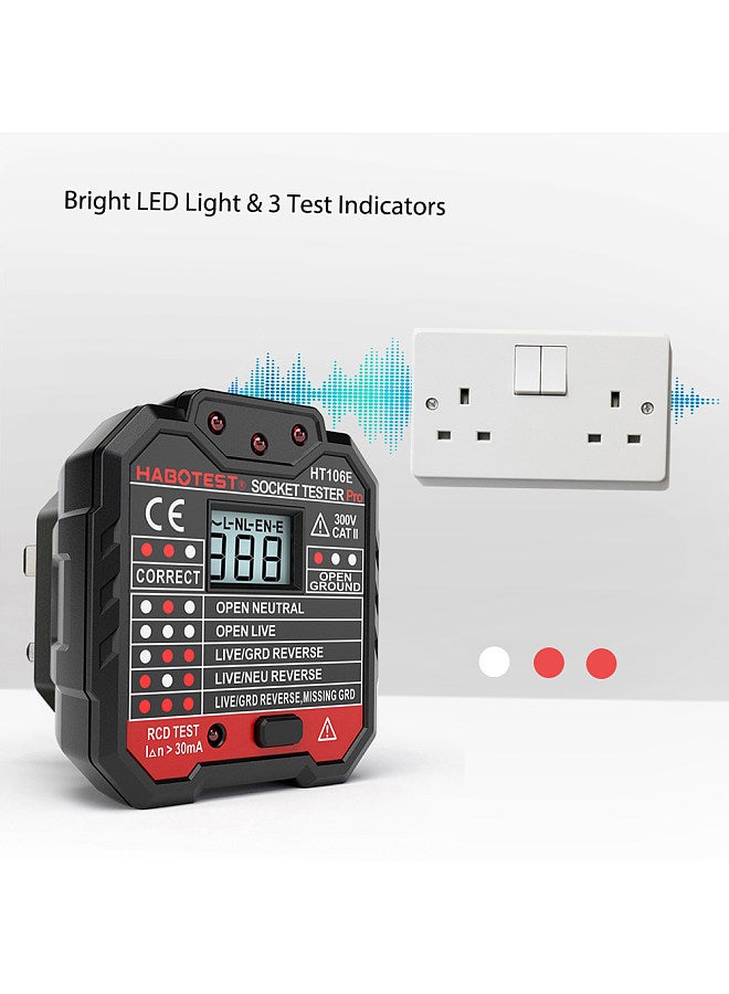 HABOTEST Advanced RCD Electric Socket Tester Automatic Neutral Live Earth Wire Testing Circuit Polarity Detector Wall Plug Breaker Finder Electric Leakage Test with Voltage Backlight LCD Display - Image 3