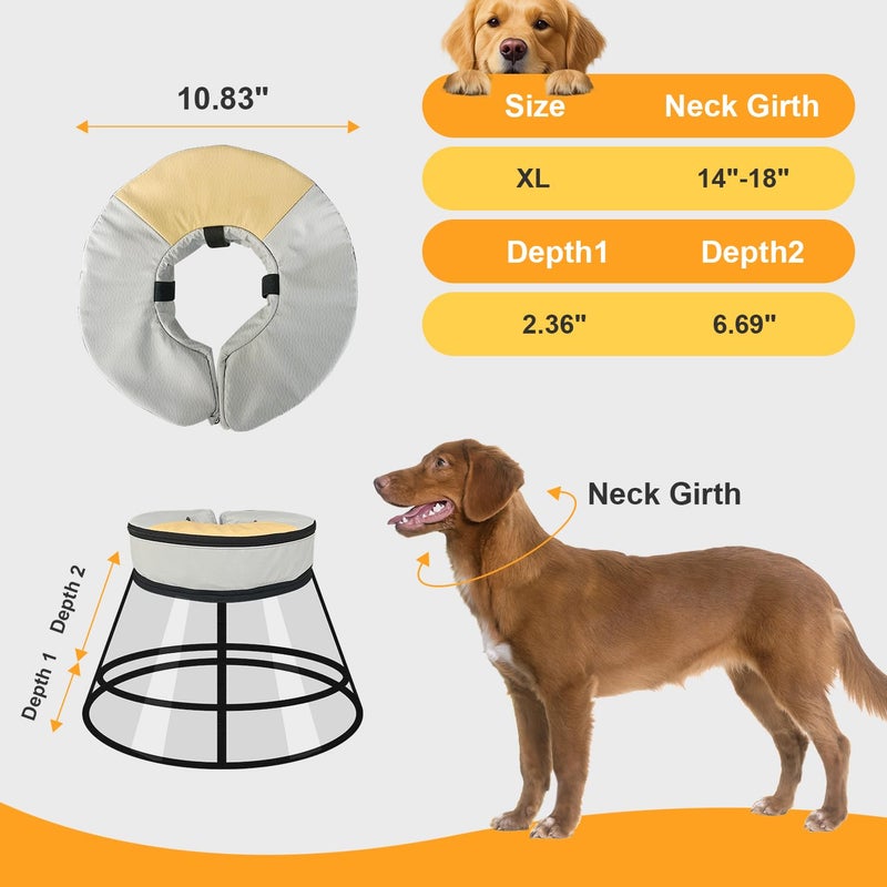 Lainergie Sponge Core Dog Cat Cone Collar for After Surgery Recovery, Inflatable Dog Cone Alternative, Lainergie Dogs Donut Collar Adjustable with 2PCS Cover for Large Medium Small Dogs Cats (Grey+Yellow, XL) - Image 3