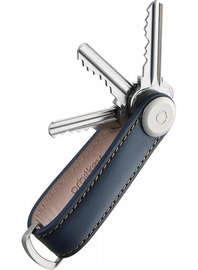 Orbitkey Orbitkey Leather Key Organizer | Durable, Stainless Steel Locking Mechanism, Slim & Quiet Profile | Holds up to 7 Keys, Navy with Tan Stitching - Image 1