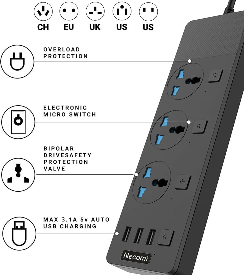 نكومي أسلاك تمديد من نوع Necomi Power Strips مزودة بـ 4 منافذ كهربائية (3.1 أمبير) ومحول USB مدمج، بالإضافة إلى 6 منافذ كهربائية ذكية وقابس حائطي شامل، ومحمي من الصدمات الكهربائية والأضرار الناتجة عنها؛ طول الكابل 2 متر/6.5 قدم، مخصصة للاستخدام في المكاتب المنزلية (لون أبيض). - Image 4