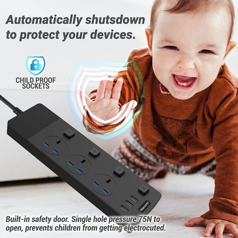 نكومي أسلاك تمديد من نوع Necomi Power Strips مزودة بـ 4 منافذ كهربائية (3.1 أمبير) ومحول USB مدمج، بالإضافة إلى 6 منافذ كهربائية ذكية وقابس حائطي شامل، ومحمي من الصدمات الكهربائية والأضرار الناتجة عنها؛ طول الكابل 2 متر/6.5 قدم، مخصصة للاستخدام في المكاتب المنزلية (لون أبيض). - Image 5