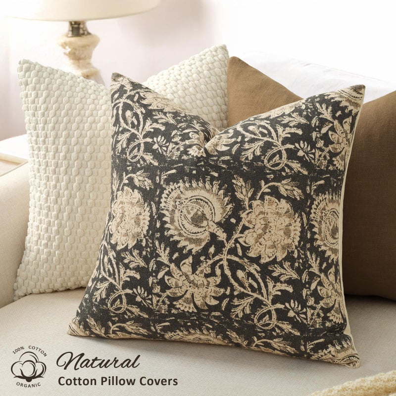 DKwizme Vintage Floral Print Throw Pillow Covers 22x22 Set of 2 Neutral Modern Farmhouse Accent Decorative Cushion Covers Boho Home Decor for Couch Sofa Chair Bed Living Room, Black - Image 2