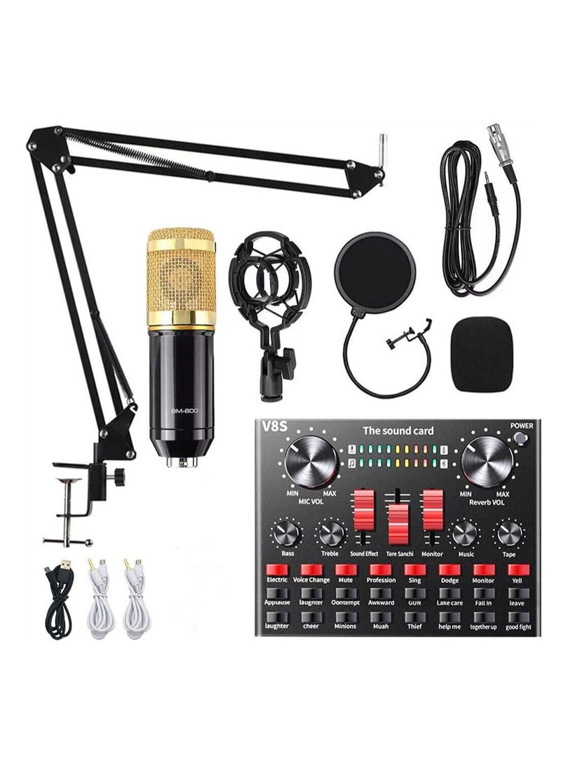 "Studio Recording & Broadcasting Set: Professional Condenser Microphone with V8S Live Sound Card – Black/Gold" - Image 1