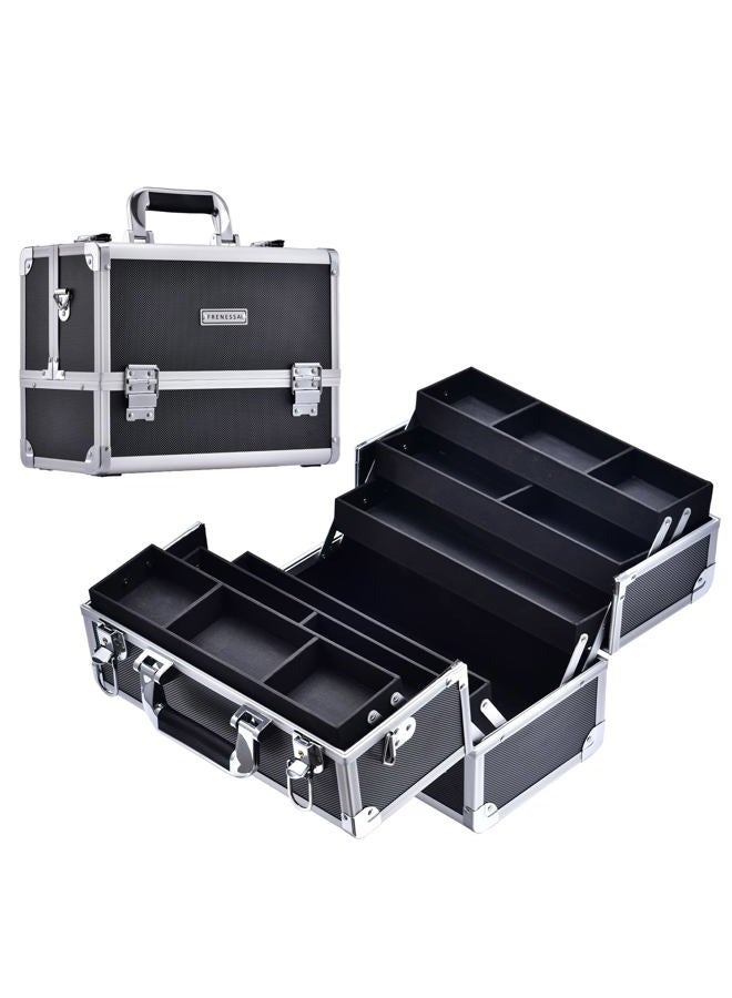FRENESSA Makeup Train Case Large Cosmetic Box 6 Tier Trays with Compartments Professional Makeup Box Jewelry Storage Organizer Case Adjustable Bottom with Shoulder Strap - Black  - Image 1