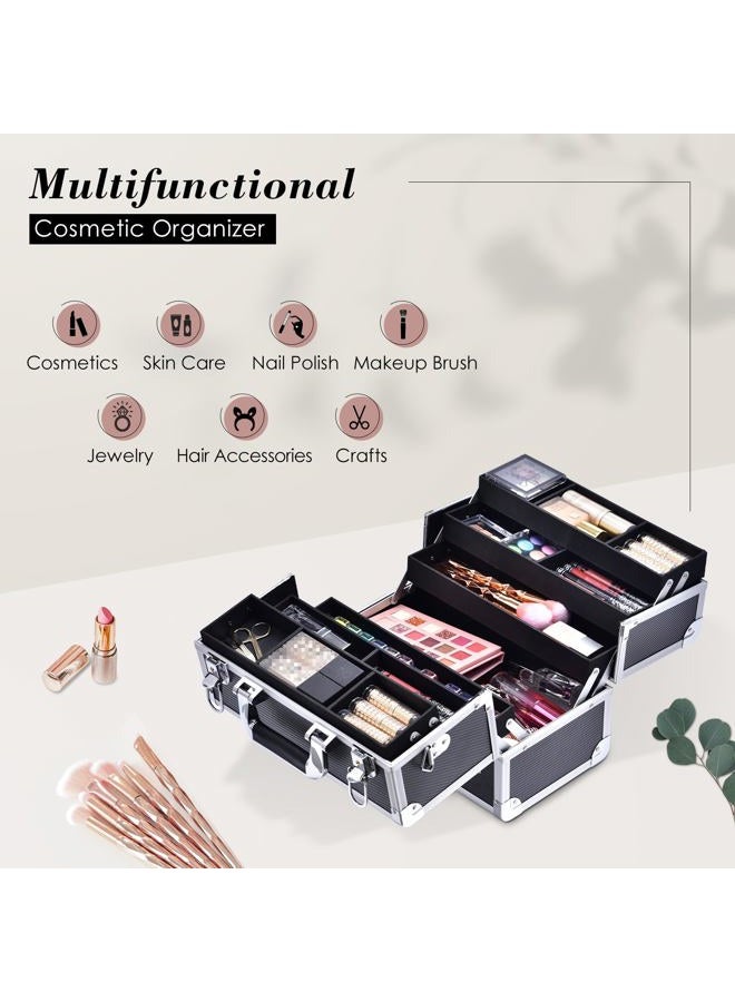 FRENESSA Makeup Train Case Large Cosmetic Box 6 Tier Trays with Compartments Professional Makeup Box Jewelry Storage Organizer Case Adjustable Bottom with Shoulder Strap - Black  - Image 4