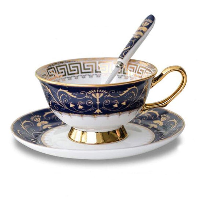 YBK Tech Euro Style Bone China Cup Saucer Set Ceramic Tea Coffee Cup for Home Kitchen Wedding Royal Pattern Deep Blue
