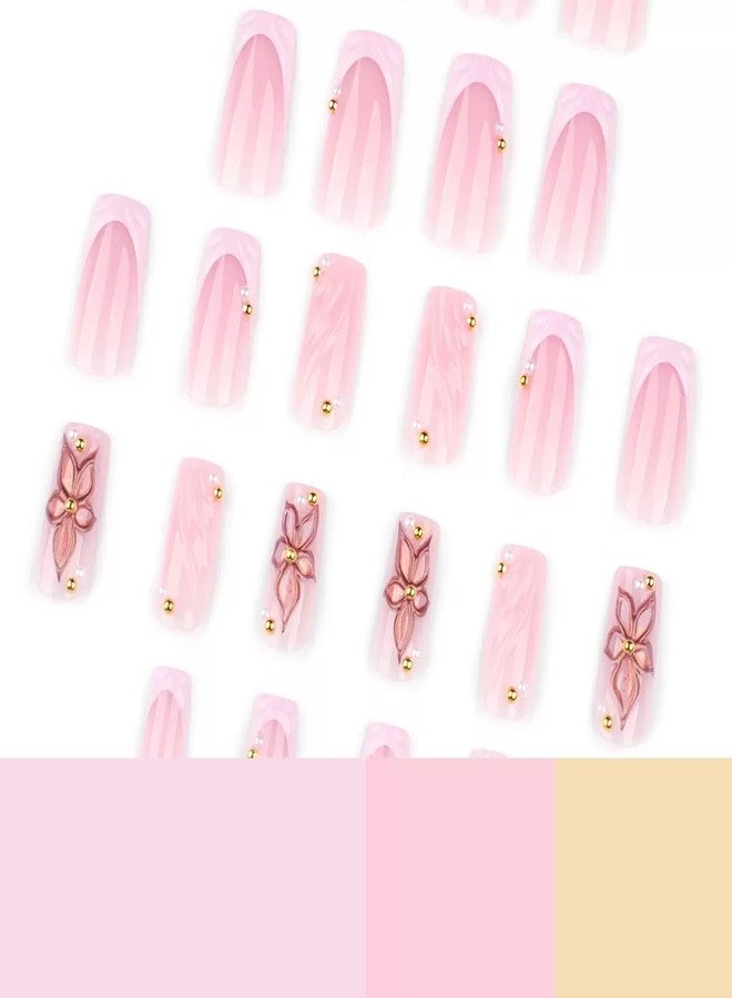 CTTHNBD Medium Press on Nails Square - Pink French Tip Fake Nails with Flower Design - Summer Full Cover Stick on Nails for Women - 24 Pcs - Image 4