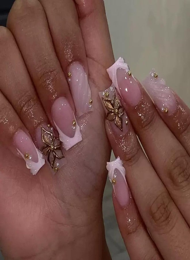 CTTHNBD Medium Press on Nails Square - Pink French Tip Fake Nails with Flower Design - Summer Full Cover Stick on Nails for Women - 24 Pcs - Image 1