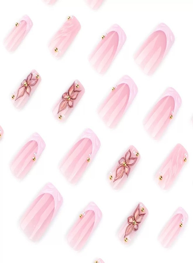 CTTHNBD Medium Press on Nails Square - Pink French Tip Fake Nails with Flower Design - Summer Full Cover Stick on Nails for Women - 24 Pcs - Image 2