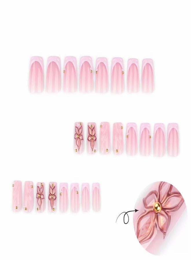 CTTHNBD Medium Press on Nails Square - Pink French Tip Fake Nails with Flower Design - Summer Full Cover Stick on Nails for Women - 24 Pcs - Image 3