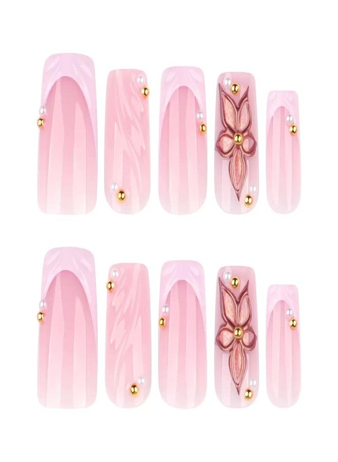 CTTHNBD Medium Press on Nails Square - Pink French Tip Fake Nails with Flower Design - Summer Full Cover Stick on Nails for Women - 24 Pcs - Image 5