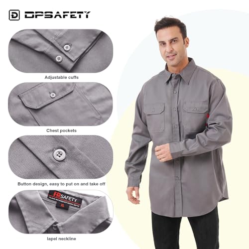 DPSAFETY FR Shirt 7oz Fire Resistant Shirts Men's,CAT2 Welding Shirt 100% Cotton Flame Resistant Shirts Gray (2X-Large) - Image 3
